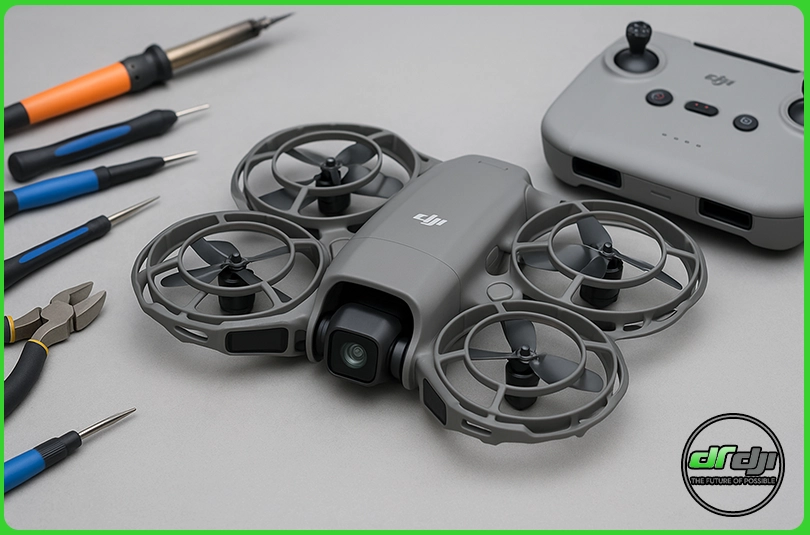 هلیشات DJI Neo 2 در مرکز تعمیرات تخصصی روی میز کار به همراه کنترلر و ابزار دقیق سرویس پهپاد.