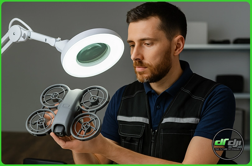 تکنسین متخصص در حال بررسی دقیق هلیشات DJI Neo 2 زیر چراغ تعمیرات در مرکز تخصصی دکتر دیجیآی.