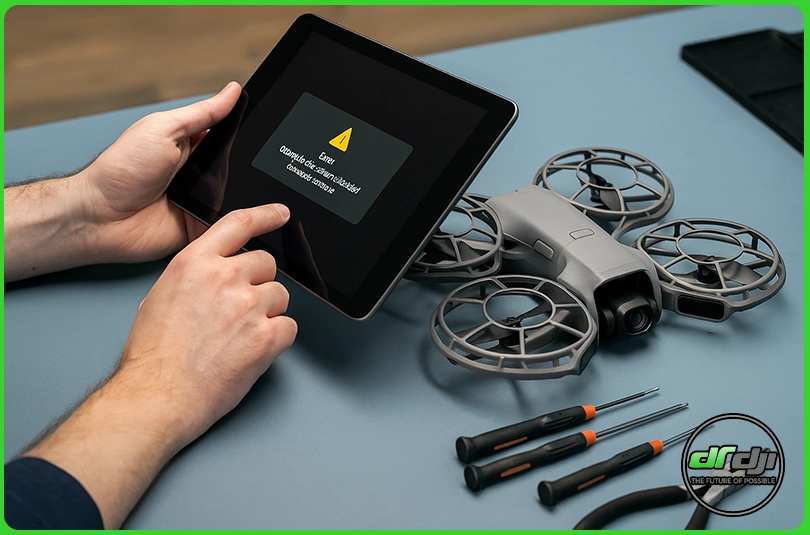 تکنسین در حال بررسی خطاهای DJI Neo 2 با تبلت و ابزار تعمیر روی میز کار در مرکز تخصصی تعمیرات پهپاد.