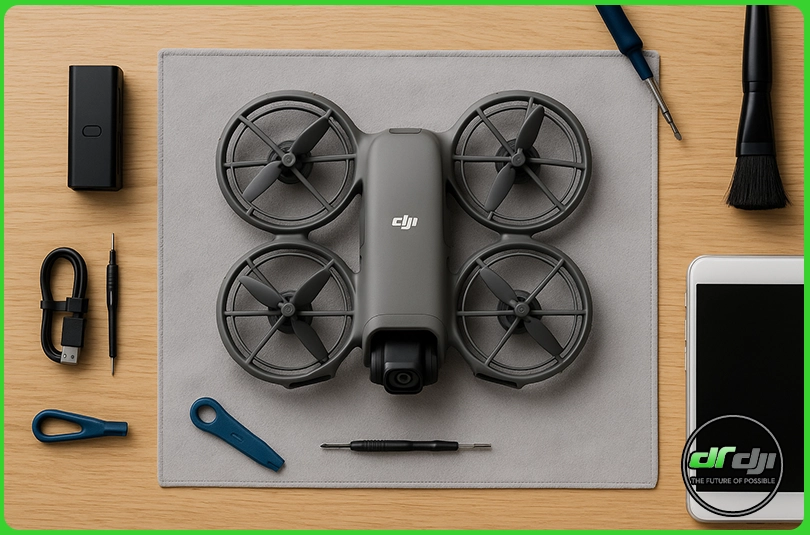 هلیشات DJI Neo 2 روی میز چوبی در حال تمیزکاری و نگهداری با ابزار و لوازم جانبی منظم اطراف آن.